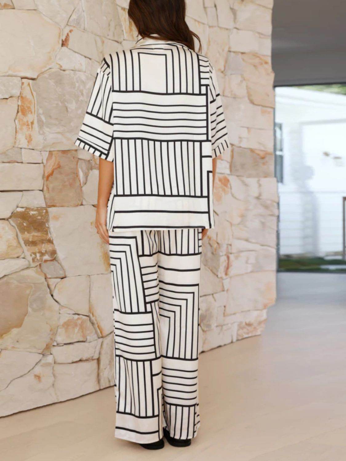 Button Down Half Sleeve Top and Pants Set - Hovatok