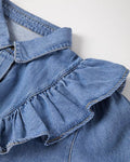 Ruffled Collared Neck Long Sleeve Denim Top - Hovatok