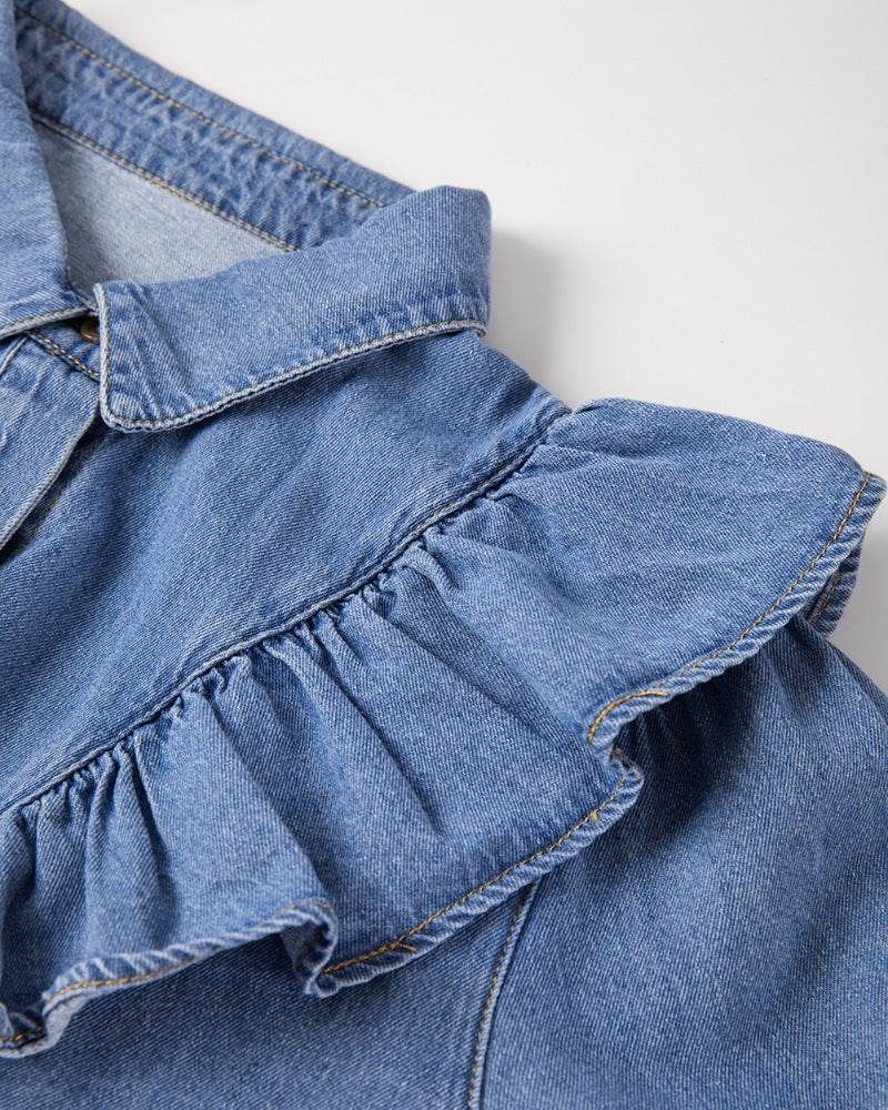Ruffled Collared Neck Long Sleeve Denim Top - Hovatok