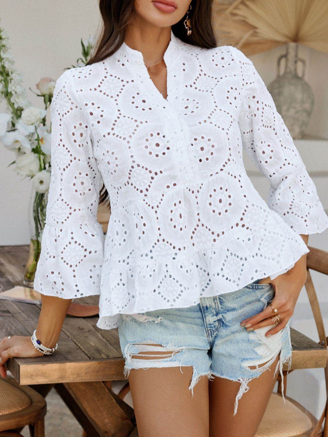 Devine Half Button Flounce Sleeve Peplum Blouse - Hovatok