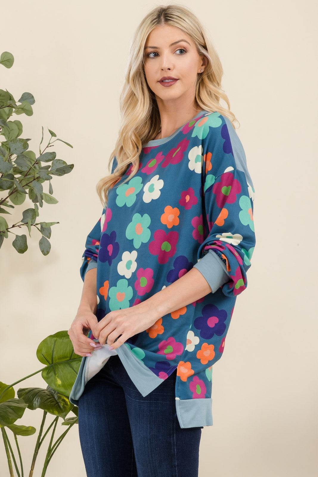 Celeste Full Size Side Slit Flower Print Long Sleeve Top - Hovatok