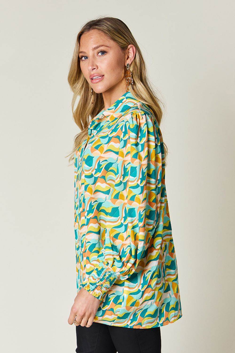 Double Take Full Size Printed Smocked Long Sleeve Blouse - Hovatok