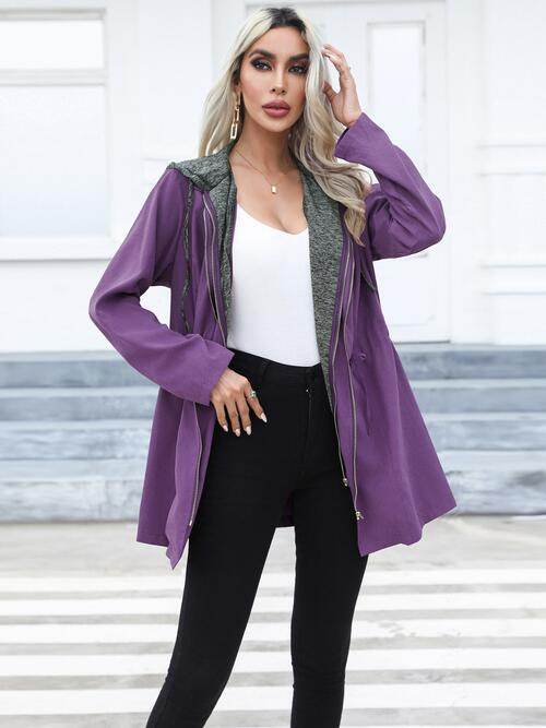 Zip Up Drawstring Hooded Trench Coat - Hovatok