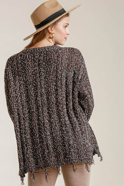 Umgee Full Size Frayed Hem Cable Knit Round Neck Sweater Plus Size - Hovatok
