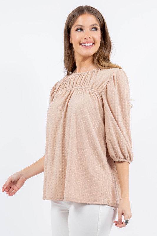 Celeste Full Size Puff Sleeve and Bow Detail Top Plus Size - Hovatok