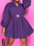 Notched Button Up Balloon Sleeves Dress - Hovatok