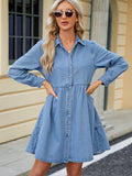 Tiered Button Up Long Sleeve Denim Dress - Hovatok