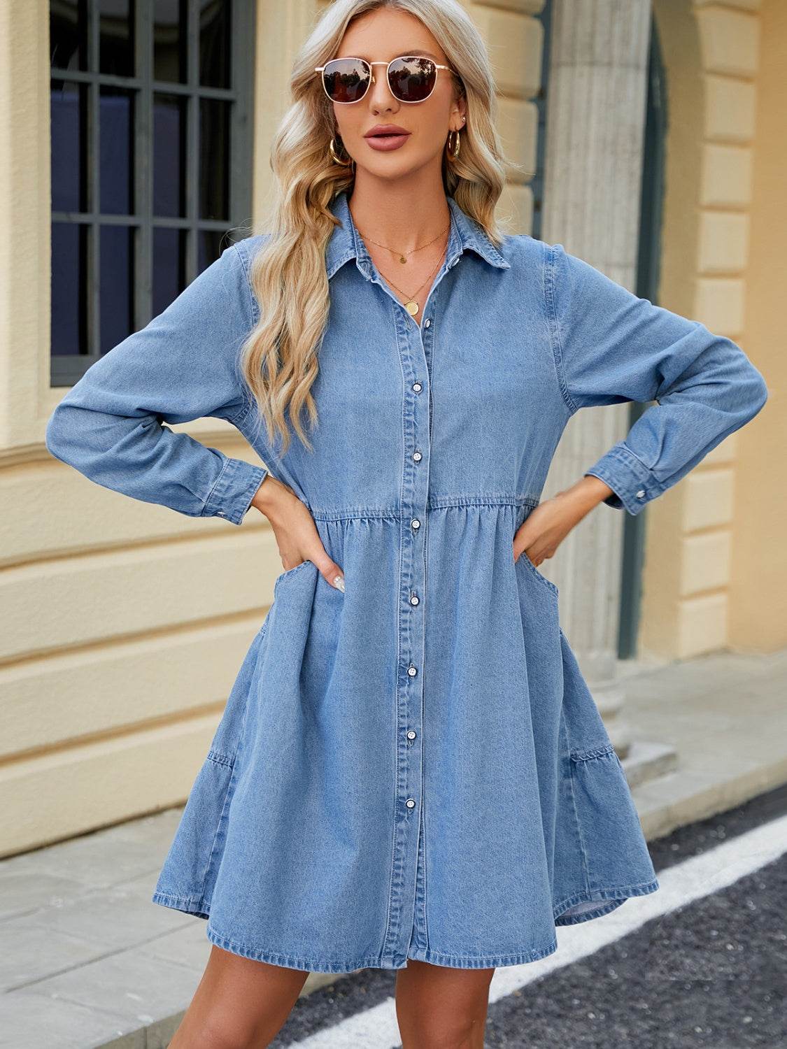 Tiered Button Up Long Sleeve Denim Dress - Hovatok