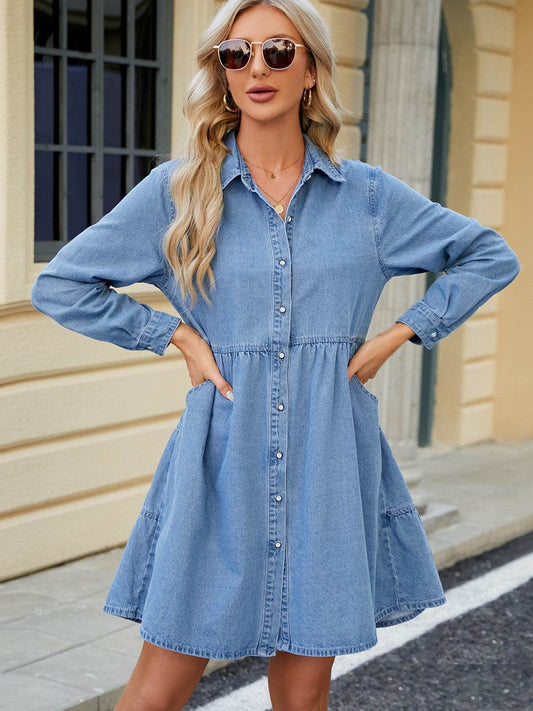 Tiered Button Up Long Sleeve Denim Dress - Hovatok