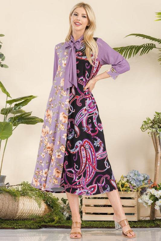 Celeste Full Size Paisley And Floral Contrast Tent Midi Dress Plus Size - Hovatok