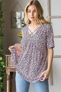 Heimish Full Size Short Sleeve Crisscross Animal Babydoll Top Plus Size - Hovatok