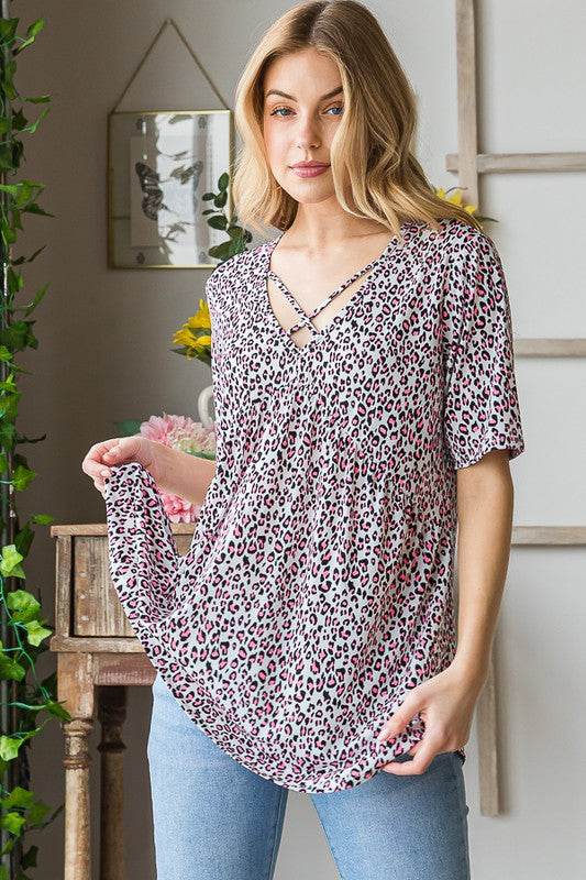 Heimish Full Size Short Sleeve Crisscross Animal Babydoll Top Plus Size - Hovatok