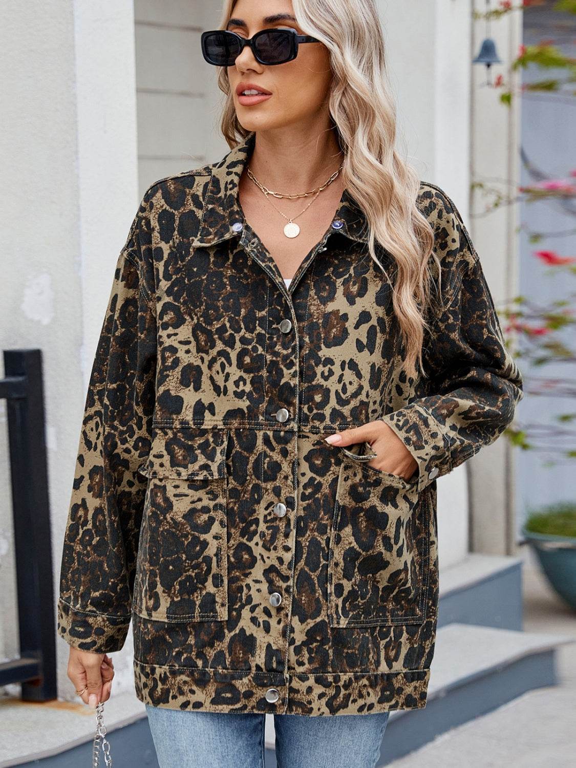 Leopard Button Up Drop Shoulder Denim Jacket - Hovatok