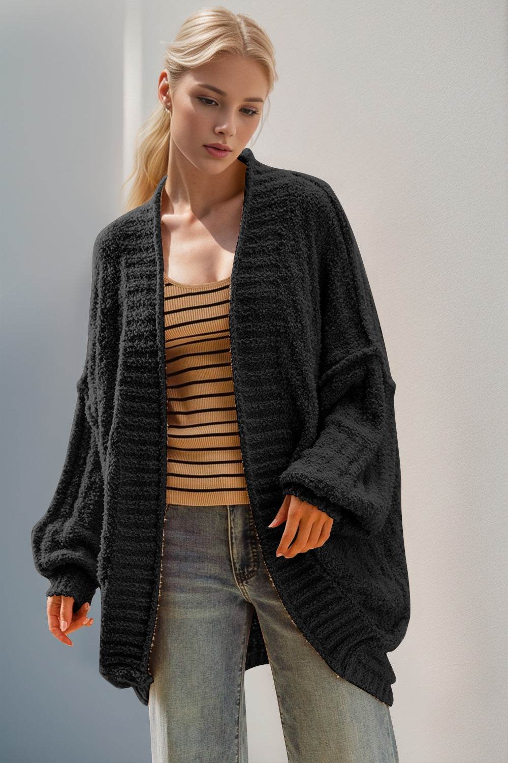 Double Take Full Size Open Front Long Sleeve Cardigan - Hovatok