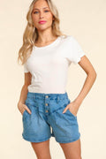 Haptics High Rise Button Fly Washed Denim Shorts - Hovatok