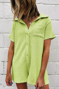 Textured Short Sleeve Patched Pocket Buttoned Romper - Hovatok