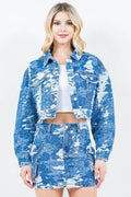 American Bazi Jacquard Trim Cropped Denim Jacket - Hovatok