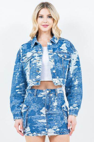 American Bazi Jacquard Trim Cropped Denim Jacket - Hovatok