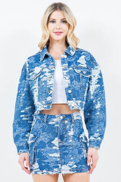 American Bazi Jacquard Trim Cropped Denim Jacket - Hovatok