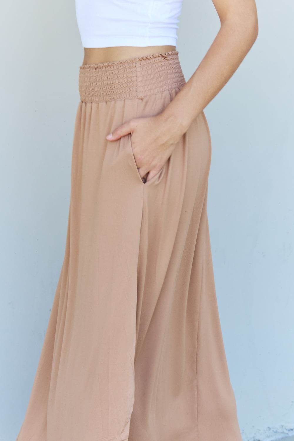 Doublju Comfort Princess Full Size High Waist Scoop Hem Maxi Skirt in Tan - Hovatok