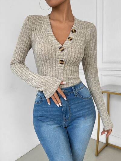 Perfee V-Neck Long Sleeve Bodysuit - Hovatok