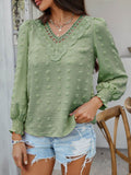 Devine Swiss Dot Lace Detail V-Neck Long Sleeve Blouse - Hovatok