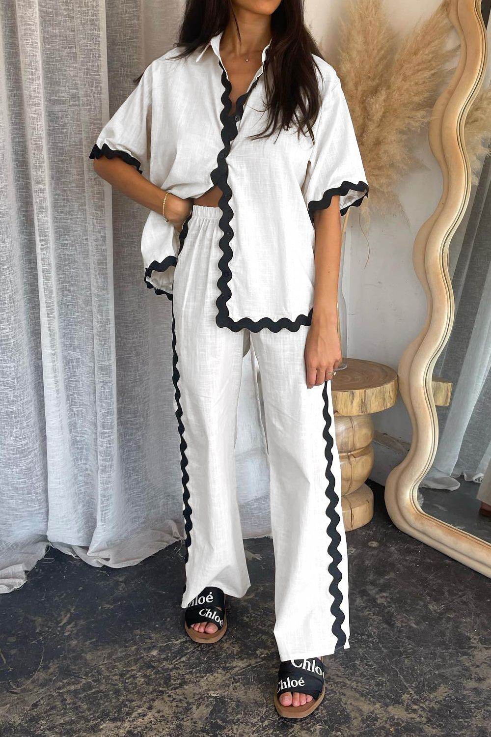 Contrast Trim Half Sleeve Top and Pants Set - Hovatok