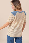 BiBi Textured Contrast Short Sleeve Sweater - Hovatok