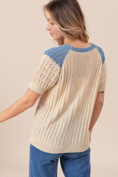 BiBi Textured Contrast Short Sleeve Sweater - Hovatok