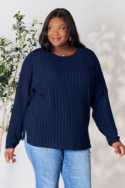Basic Bae Full Size Ribbed Round Neck Slit Knit Top - Hovatok