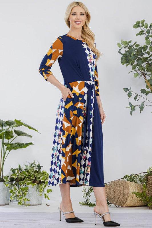 Celeste Full Size Multi Pattern Front Tie Midi Dress Plus Size - Hovatok