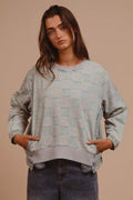 BiBi Mineral Washed Checkered Round Neck Denim Top - Hovatok