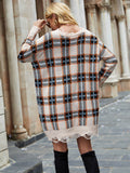 Plaid Distressed V-Neck Sweater Dress - Hovatok