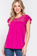 ACTIVE BASIC Ruffle Short Sleeve Lace Detail Knit Top - Hovatok
