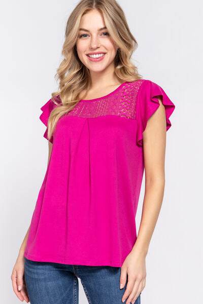 ACTIVE BASIC Ruffle Short Sleeve Lace Detail Knit Top - Hovatok