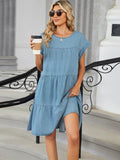 Tiered Round Neck Short Sleeve Denim Dress - Hovatok