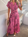 Devine Printed Notched Short Sleeve Wide Leg Jumpsuit - Hovatok
