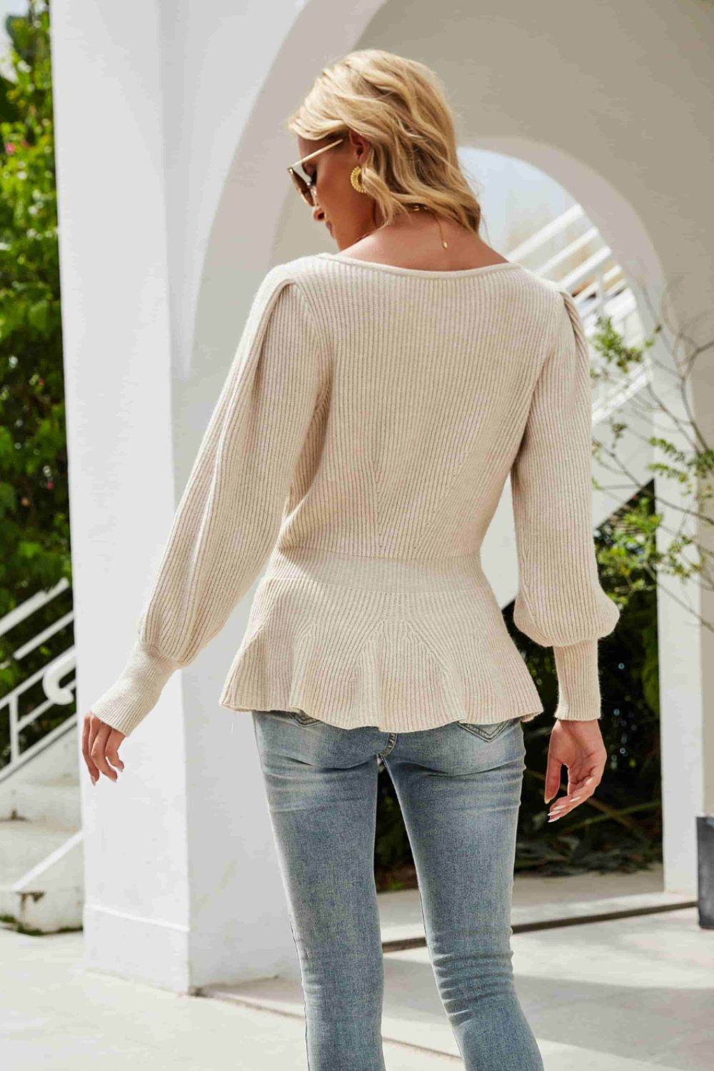 Ribbed Round Neck Lantern Sleeve Sweater - Hovatok