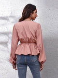 V-Neck Balloon Sleeve Peplum Blouse - Hovatok