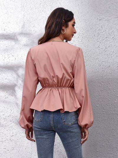 V-Neck Balloon Sleeve Peplum Blouse - Hovatok