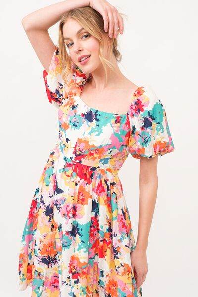 And The Why Square Neck Puff Sleeve Floral Dress - Hovatok