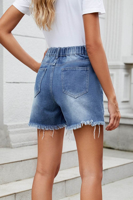 Distressed Raw Hem Asymmetric Waist Denim Shorts - Hovatok