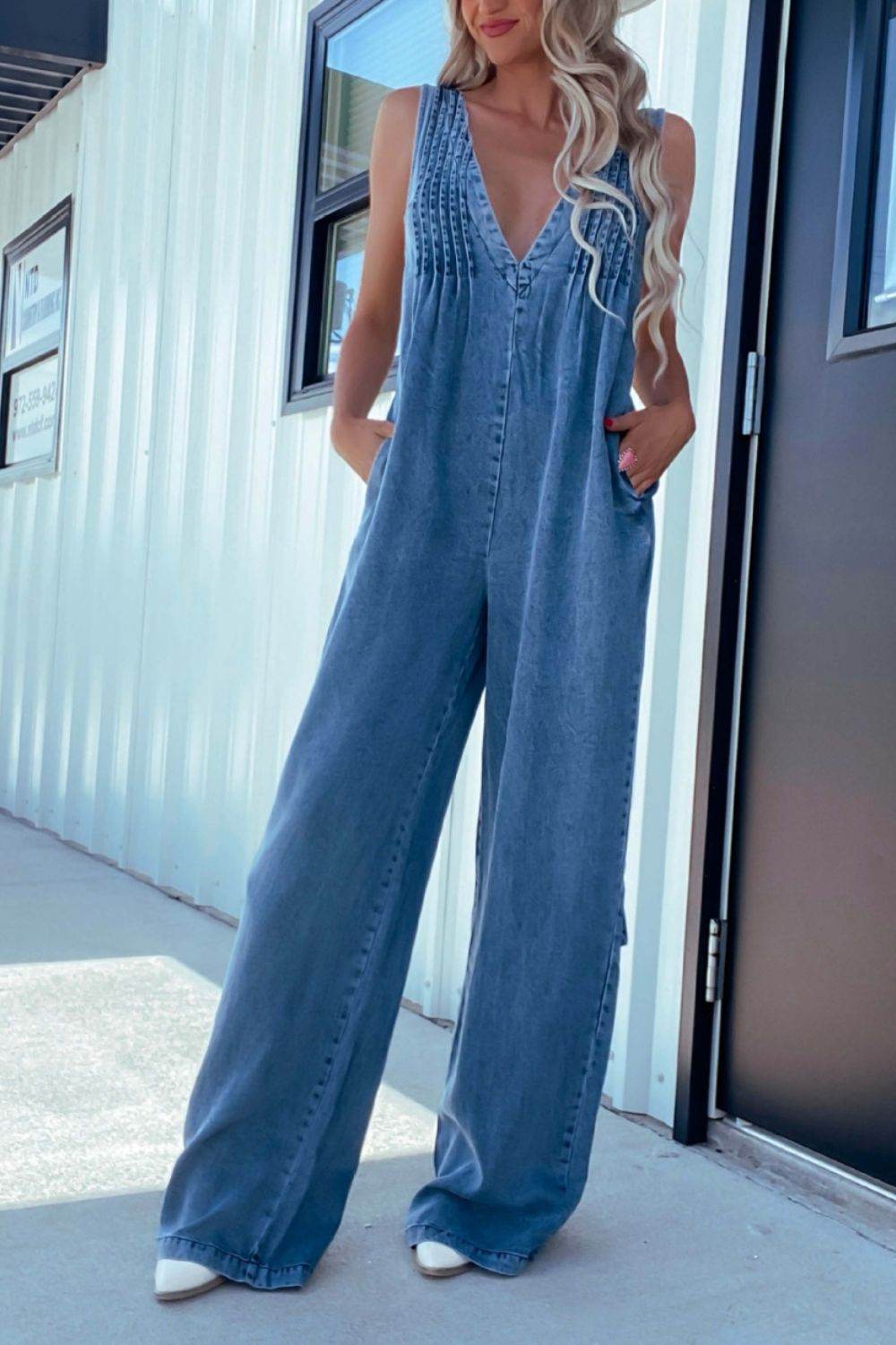 V-Neck Wide Leg Denim Jumpsuit - Hovatok