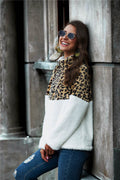 Leopard Color Block Half-Zip Collar Teddy Sweatshirt - Hovatok