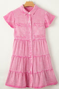 Collared Neck Button Down Mini Denim Dress - Hovatok