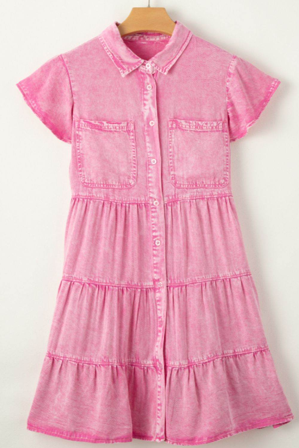 Collared Neck Button Down Mini Denim Dress - Hovatok