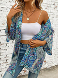 Printed Open Front Three-Quarter Sleeve Cover Up - Hovatok