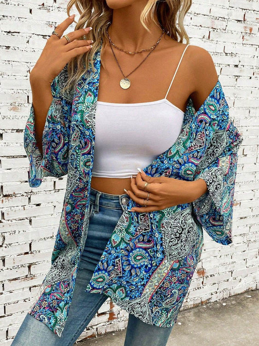 Printed Open Front Three-Quarter Sleeve Cover Up - Hovatok