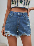 Distressed Raw Hem Denim Shorts - Hovatok