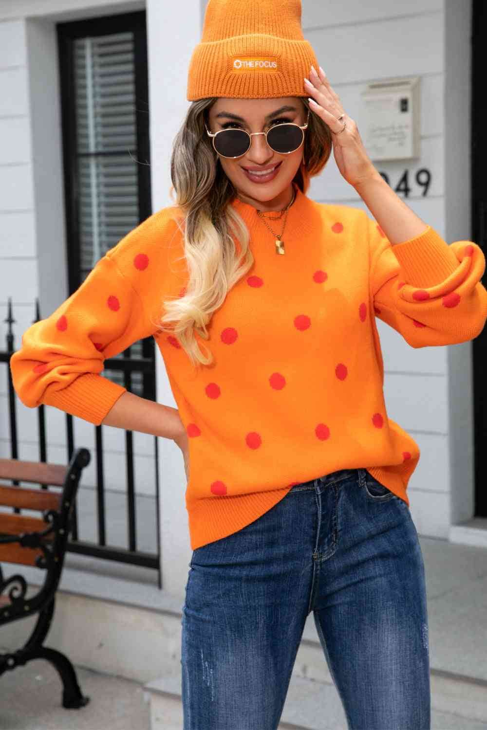 Angel Wings Woven Right Polka Dot Round Neck Dropped Shoulder Sweater - Hovatok